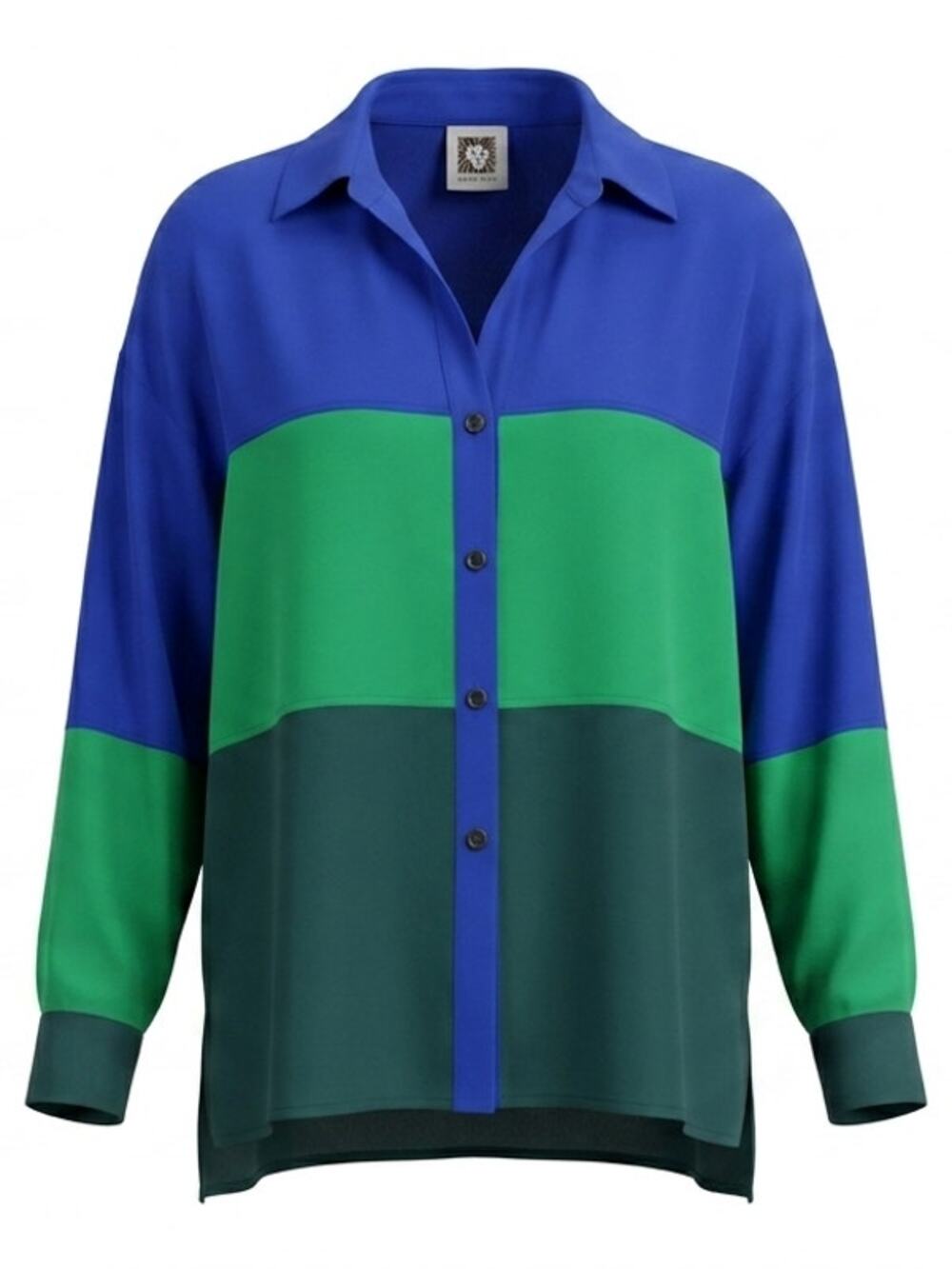 Anne Klein Colorblock Blue Green Button-Up Blouse Women See Measurements